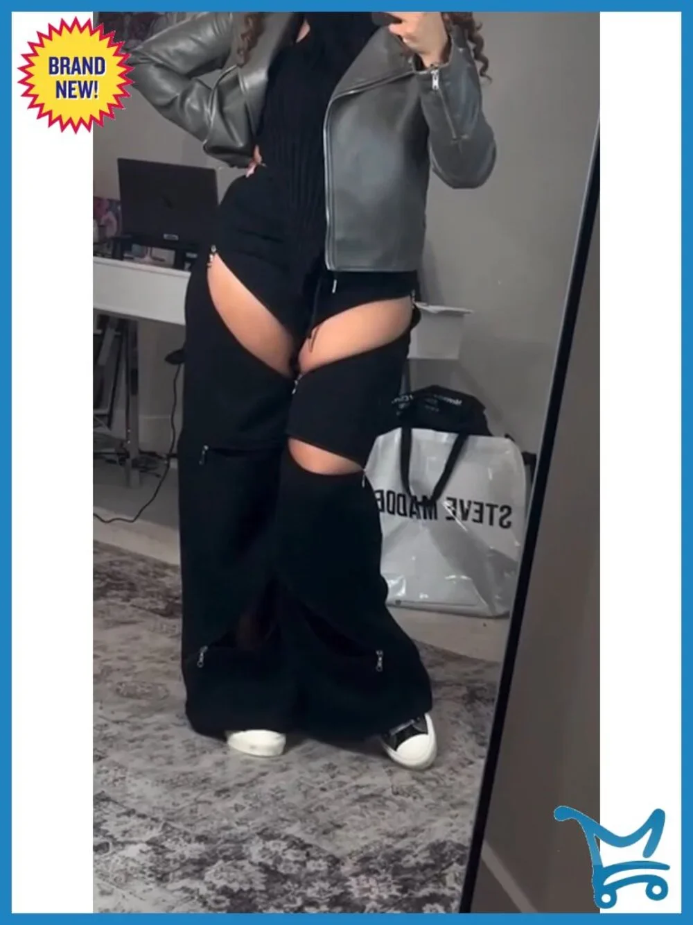Wide Leg Baggy Sweatpants High Waisted Y2K Multi Zipper Drawstring Cargo Pants - Picture 5 of 6
